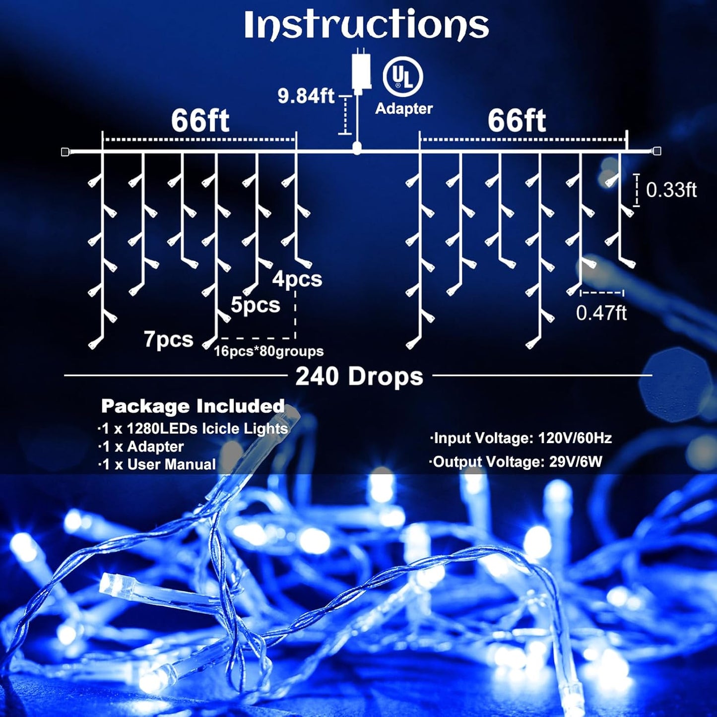 132ft Icicle Lights for Outside, 1280 LED Blue Christmas Lights Outdoor with 240 Twinkle Drops, 8 Modes Plug in Waterproof Timer Memory for Tree Wedding Party House Patio Eave Yard Holiday Decoration