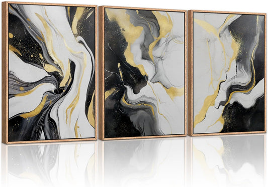 HLNIUC Abstract Gold and Black Framed Canvas Wall Art,Large Neutral Black and White Wall Decor Set of 3(16”x24”)Modern Gold Foil Framed Painting,Textured Marble Fluid Art Print for Living Room,Bedroom