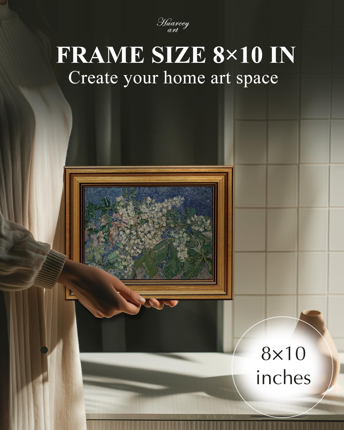 HUARCEY Gold Framed Vintage Wall Art for Living Room, Flowers Painting Canvas Prints Shelf Decor for Kitchen, Van Gogh Bedroom Wall Art, Christmas Gifts for Friends or Family ( Chestnut Branches 8"x10" )