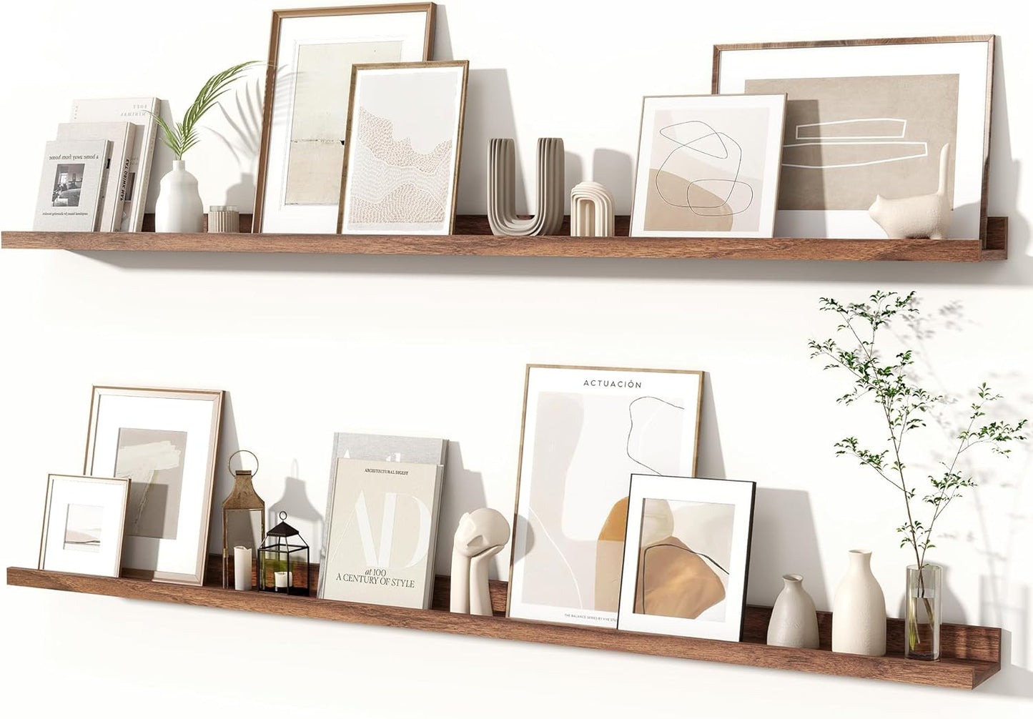 Fun Memories Picture Ledge Shelves Set of 2, 55 Inch Rustic Wall Mounted Floating Shelves with Lip for Home Storage and Décor in Bathroom, Kitchen, Nursery, Bedroom, Living Room, Walnut