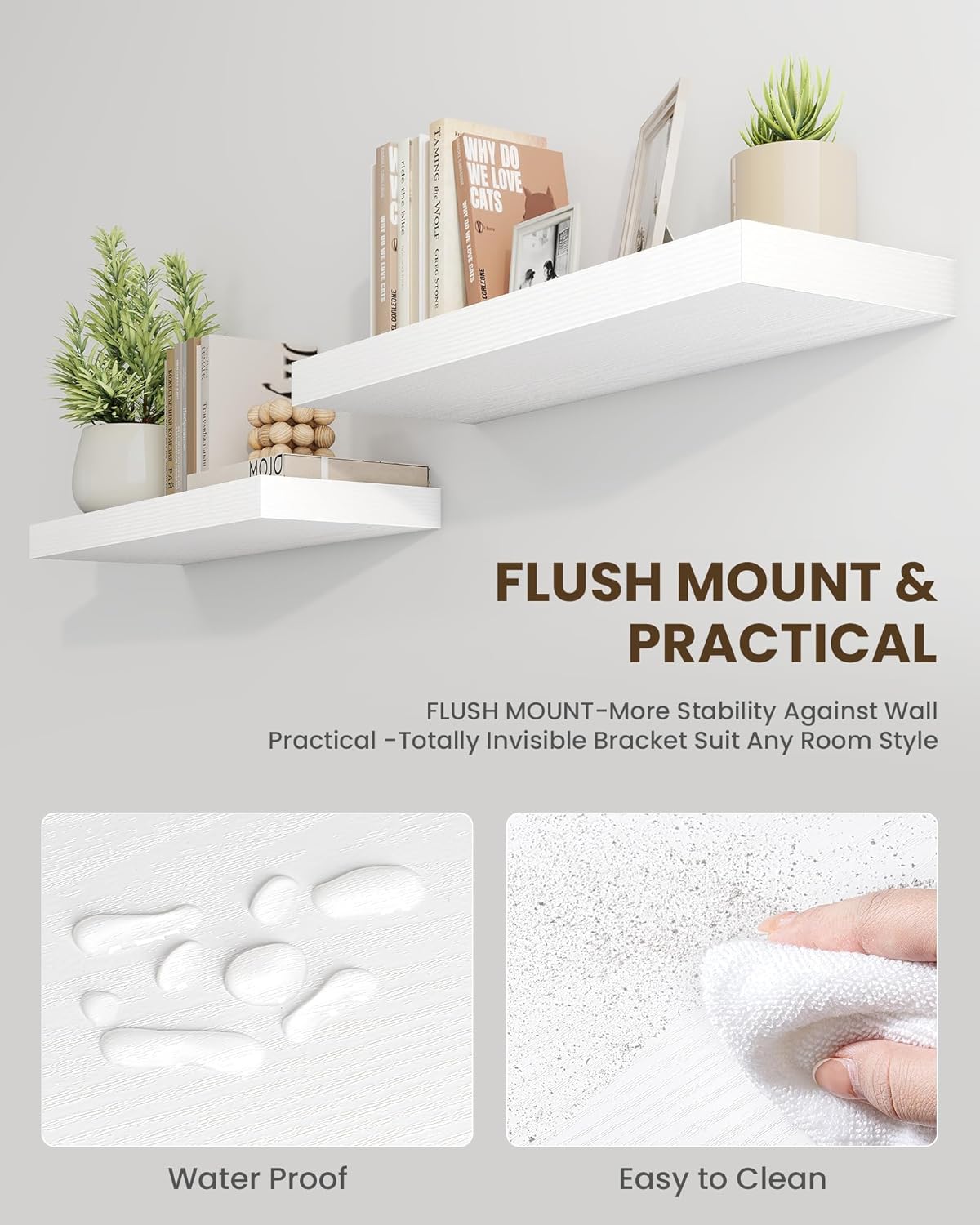 Marsmiles 39" Floating Shelves for Wall, Wooden Shelves with Invisible Brackets Set of 2, Rustic Farmhouse Wall Mounted Shelf for Kitchen Bathroom Living Room Study, White