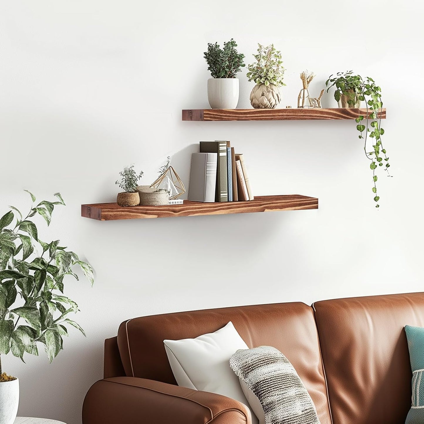 Floating Wall Shelves 2-Pack - Rustic Brown 16-inch Wooden Wall Shelves for Storage and Décor, Multi-Functional and Easy to Install for Living Room, Bedroom, and Kitchen