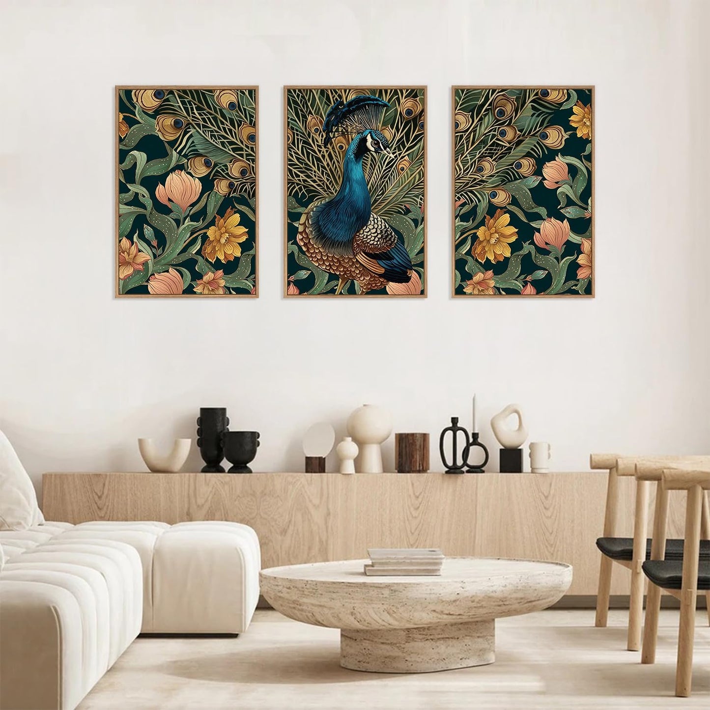 HLNIUC Peacock Framed Canvas Wall Art,Large Peacock Flower Wall Decor Set of 3(16”x24”)Modern Elegance Peacocks Floral Framed Painting,Vintage Beautiful Animal Feather Art Print for Living Room,Office