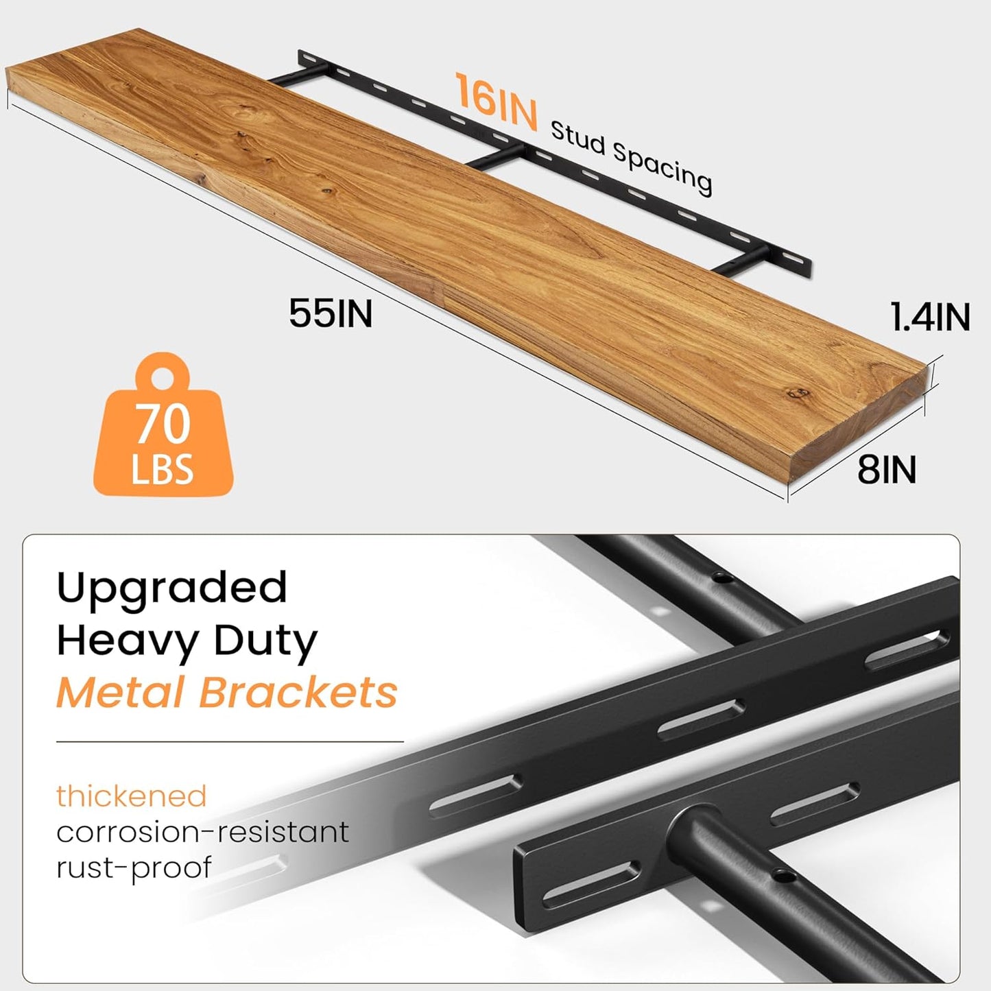 55 Inch Floating Shelves for Wall, Elm Wood Floating Shelves for Home Décor, Wall-Mounted Display Shelves with Heavy-Duty Bracket, Live Edge Long Floating Shelf for Kitchen, Living Room, Natural