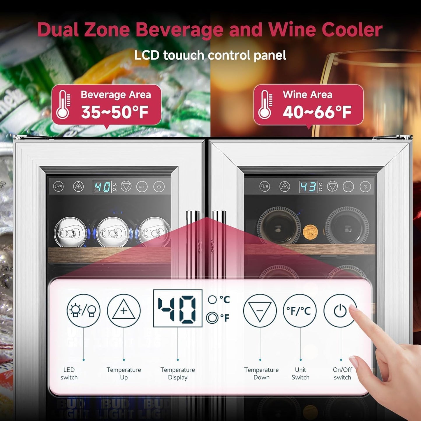 24" Wine and Beverage Refrigerator, Dual Zone Wine Cooler with Glass Door, Hold 88 Cans & 21 Bottles, Built in or Freestanding Under Counter Wine Fridge with Blue LED Light.