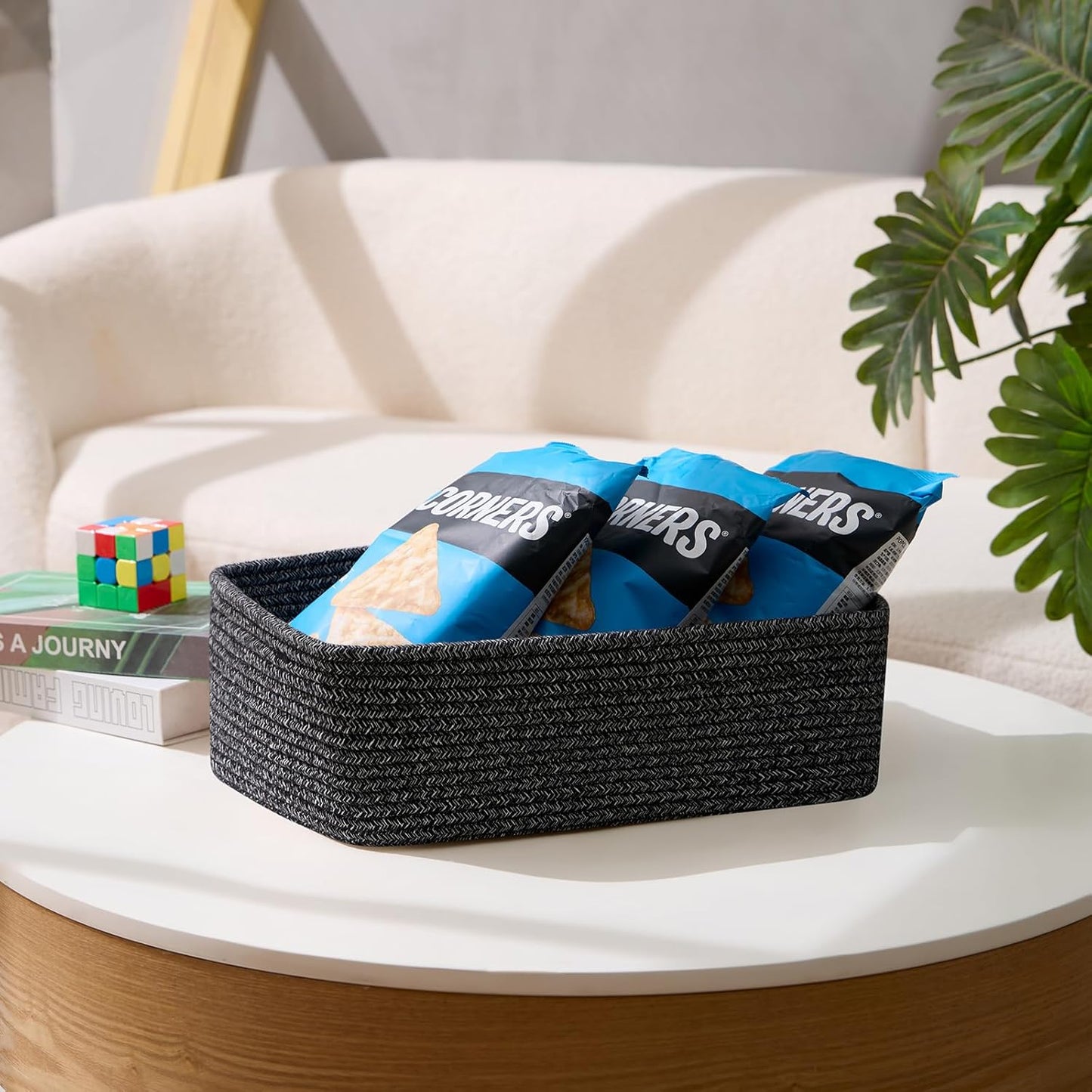 Large Shallow Organizing Baskets 15x11x5.1 Inches - Rope Woven Storage Bins for Bathroom, Shelves, Cube Closet, Mixed Black 2 Packs