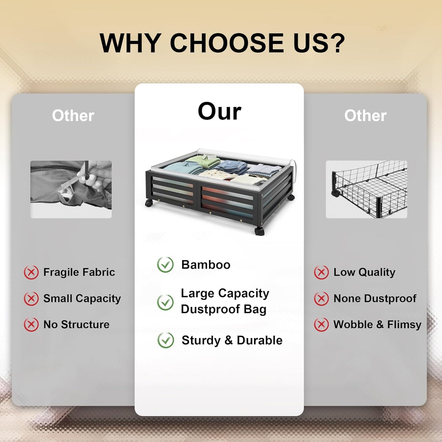 Under Bed Storage with Wheels-Large Bamboo Underbed storage Containers with Large Dust Bag Stackable Under the Bed Shoe Storage Bins for Clothes Books Bedding (2 Packs Black, 23.62"L×16.54"W× 6.51"H)