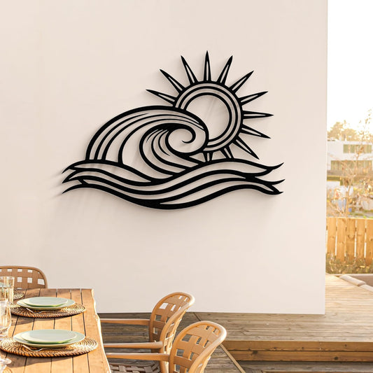 Wita Home Ocean Wave Metal Wall Art, Sun Beach Decor, Coastal Large Wall Sculpture for Home, Indoor/Outdoor Use, Nautical Wall Hanging, Eye-Catching Addition to Living Room (Black, 18 x 11 inches)