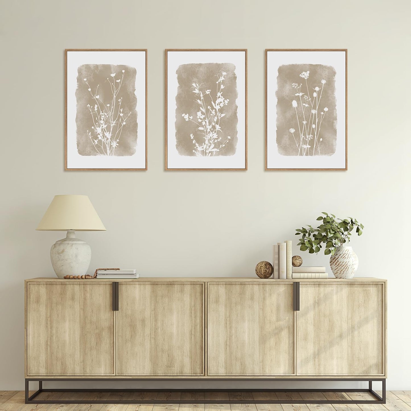 HPINUB Large Boho Wildflowers Canvas Framed Wall Art Set,Minimalist Vintage Flower Wall Decor,Beige Floral Botanical Artwork for Living Room Bedroom,Dining Room,Office -24"x36"x3