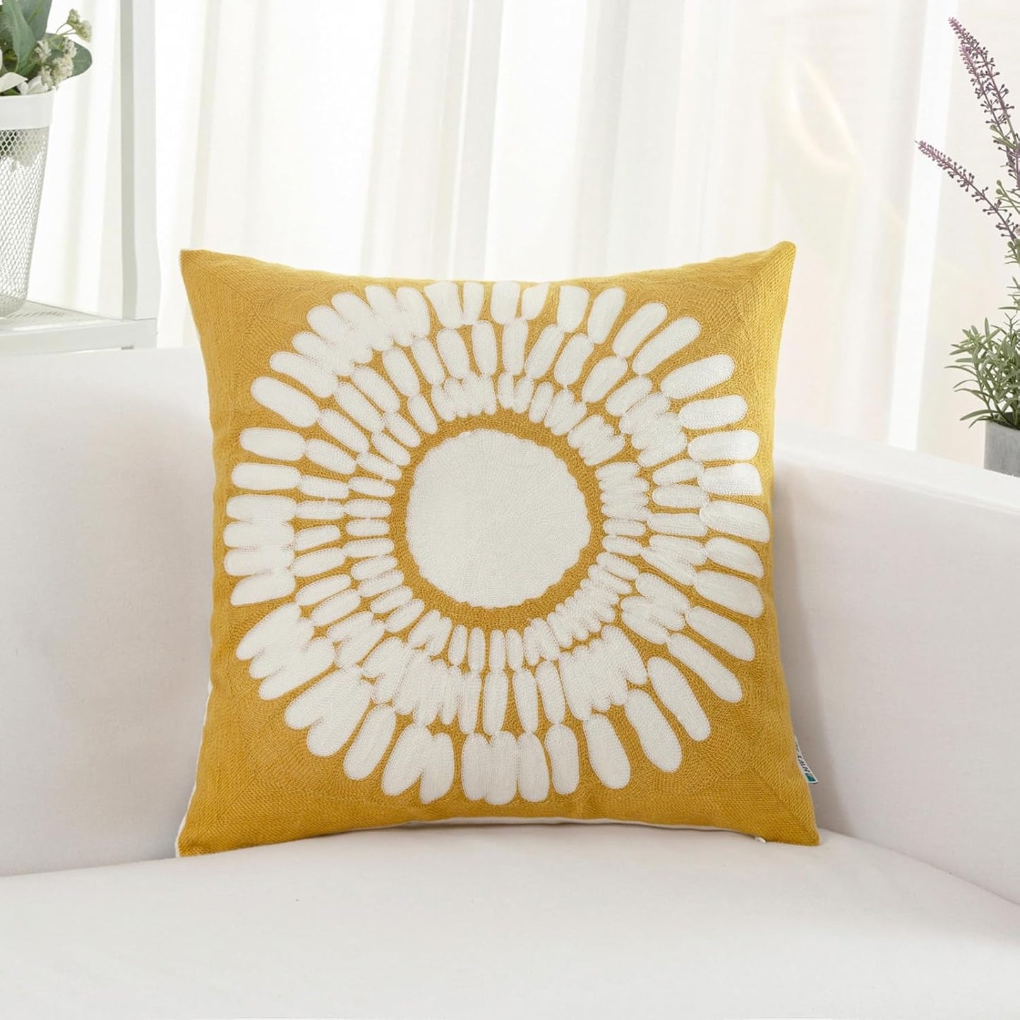 HWY 50 Mustard Yellow Decorative Throw Pillow Covers 18x18 Inch (1 Piece), Embroidered Cotton Modern Farmhouse Cushion Cover Pillow Case for Sofa Couch Living Room Bed, Sunflower