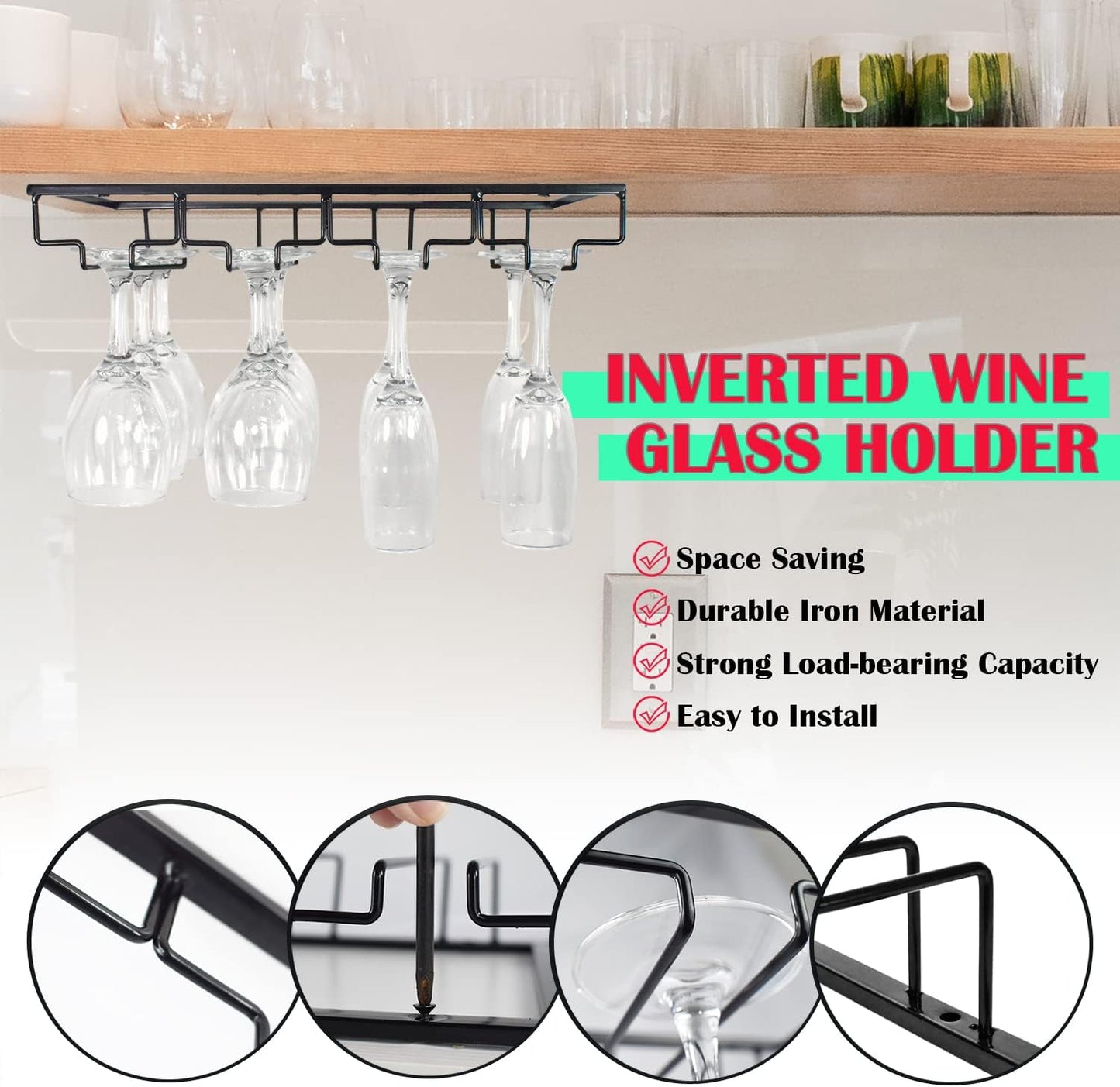 4 Rows Wine Glass Rack Under Cabinet Hanging Stemware Wine Glass Holder Under Shelf Wire Wine Glasses Racks Hanger for Bar, Kitchen (1, 4 Rows)