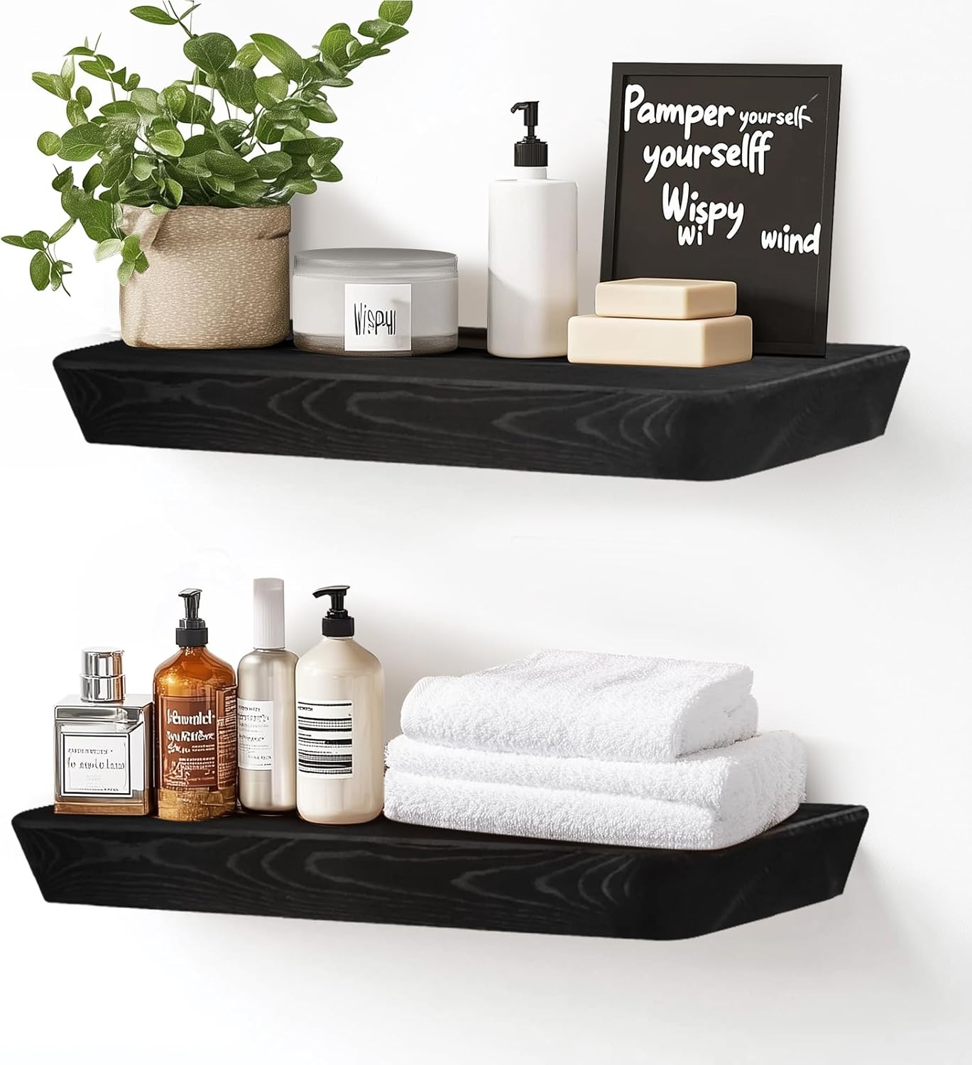 16"x6.8"x1.6" Slanted Floating Wall Shelves 2-Pack - Rustic Black Finish, Heavy-Duty Solid Wood Design with Hidden Brackets - Perfect for Living Room, Kitchen, Bathroom, or Office