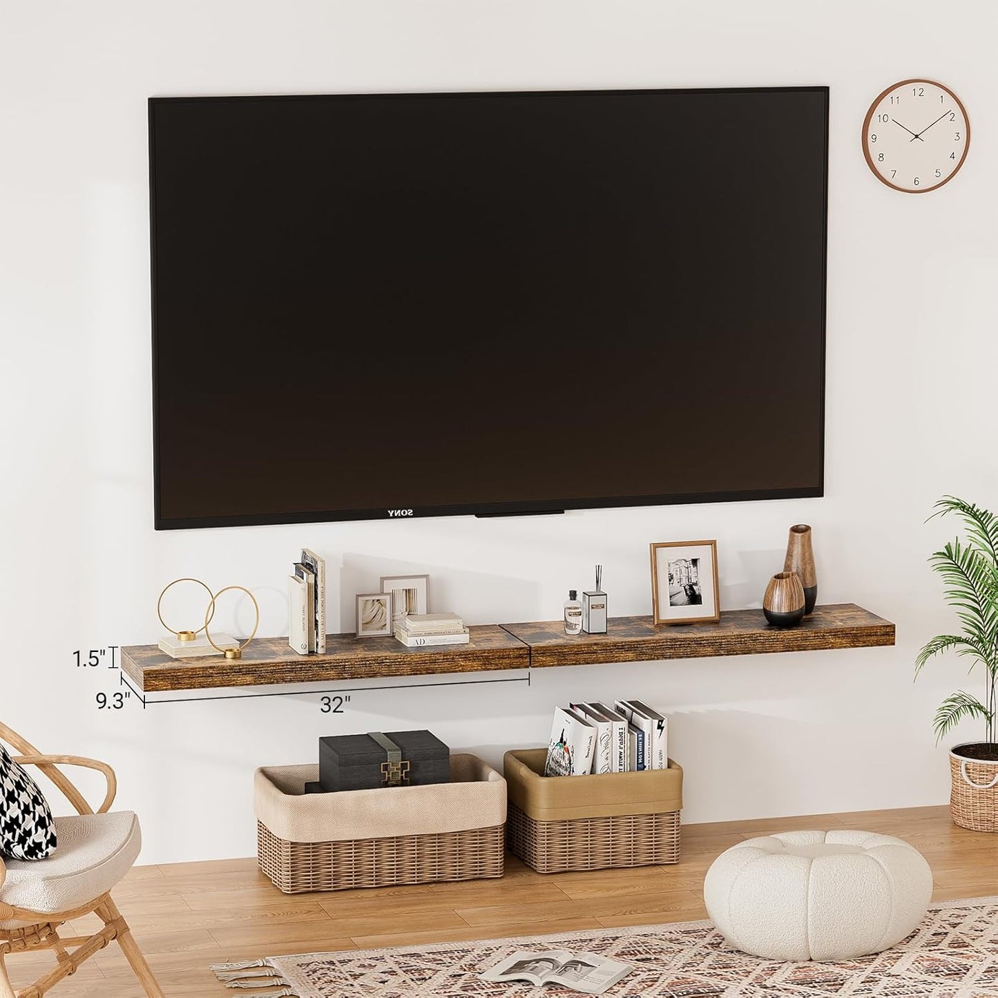 Heimlove 32 Inch Floating Shelves for Wall,Rustic Brown 9.3" Deep Floating Shelf Set of 2,Wall Mounted Shelves for Bathroom Bedroom Living Room Kitchen Office,Shelf for Books Storage Room,Home Decor