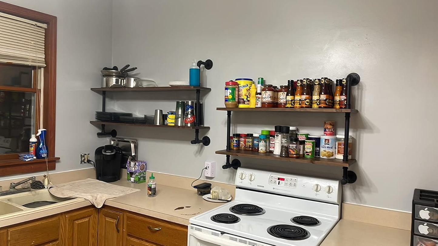 ROGMARS Industrial Pipe Shelves Shelving 48 inch with Solid Wood Planks Farmhouse Pipe Book Shelves Wall Mounted,Industrial Floating Shelves Bar Shelving Rustic Shelves 2 Tier for Kitchen,Living Room