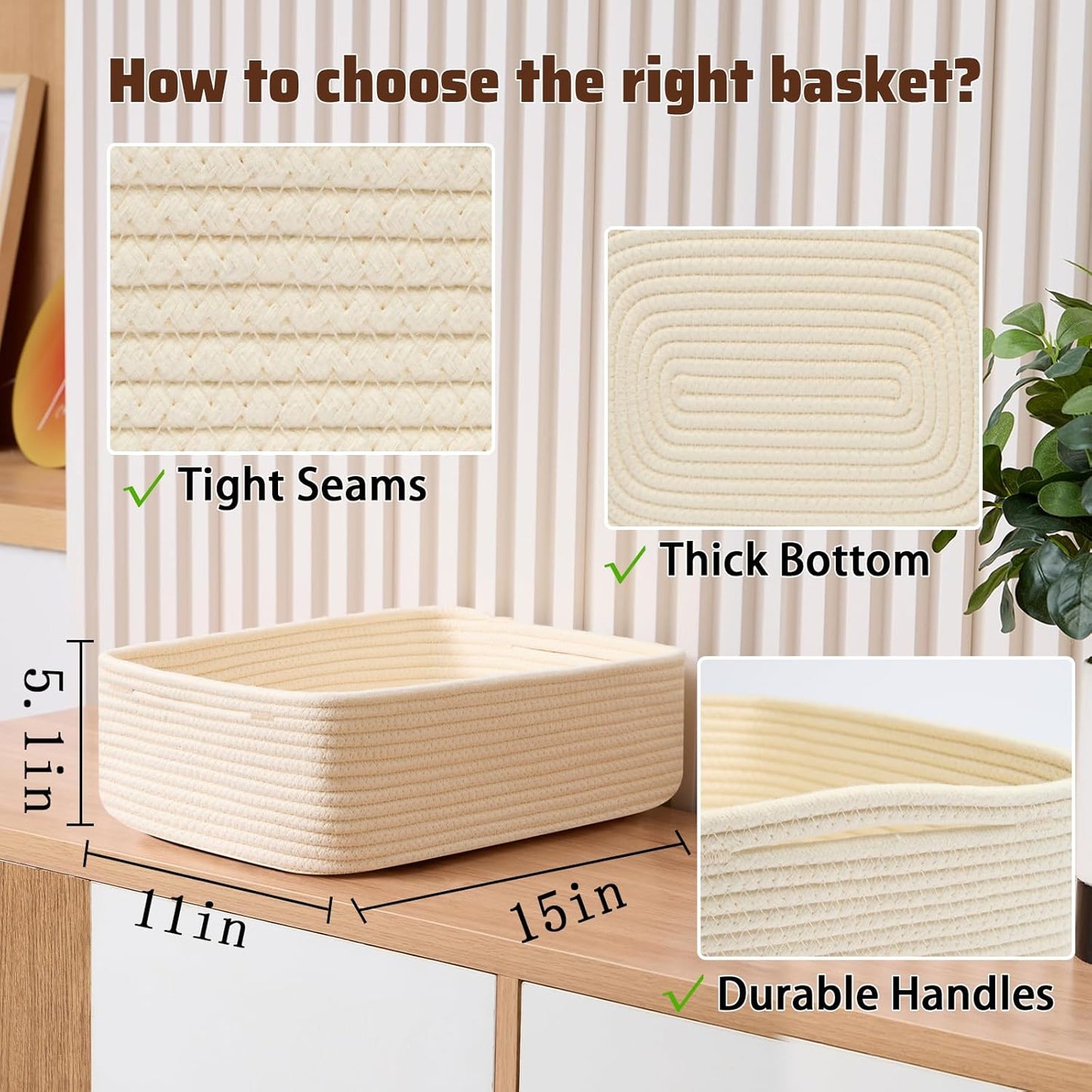 Large Shallow Organizing Baskets 15x11x5.1 Inches - Rope Woven Storage Bins for Bathroom, Shelves, Cube Closet, Beige 2 Packs