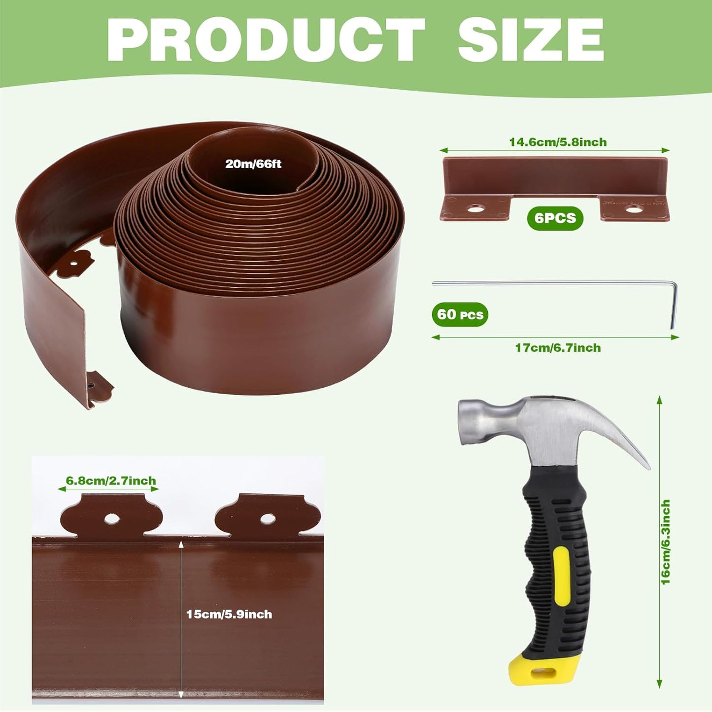 6 Inch Tall 66 ft Length No Dig Landscape Plastic Edging Kit with Hammer Spikes Plastic Garden Flower Bed Edging Landscape Edging Border for Gardens Border Lawn Grass Yard (Brown)