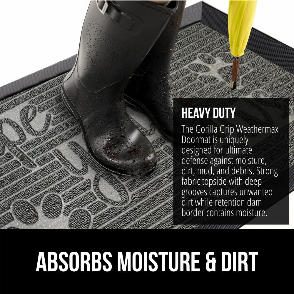 GORILLA GRIP 100% Waterproof All-Season WeatherMax Doormat 35x23, US Designed Natural Rubber, Stain and Fade Resistant, Low Profile Indoor Outdoor Door Mats, Easy Clean Patio Mat, Stone Paws