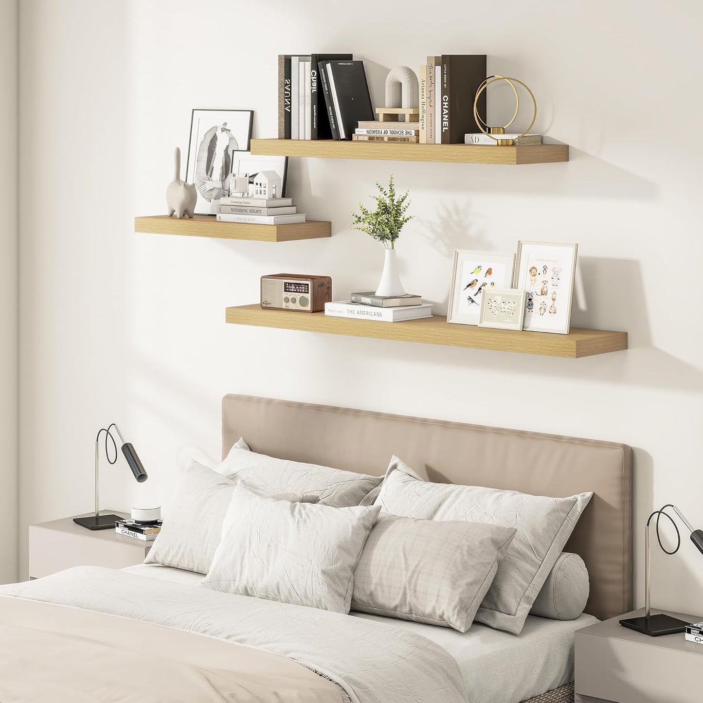 12 Inch Deep Floating Shelves 36 inch Long, 36 x 12 Wide Wall Shelves with Invisible Brackets, Heavy Duty Shelf for Bedroom Bathroom Living Room Kitchen Office Home Decor, Modern Shelf Set of 2, Oak