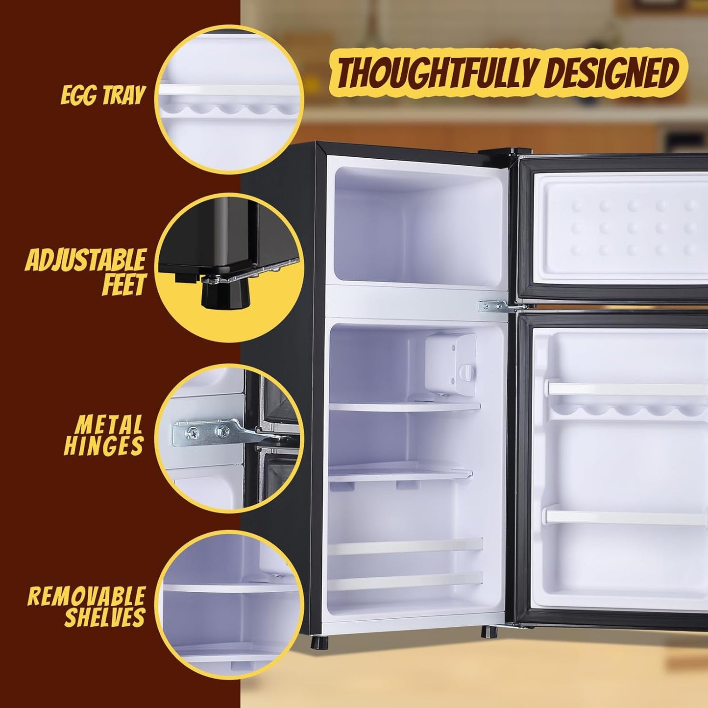 2.4 Cu.ft Mini Fridge with Freezer Compact Fridge Refrigerator Dual Door Small Fridge Senven Temp Gear Removable Shelves Dark Grey