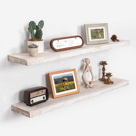 Axeman Floating Shelves for Wall - 40''W x 8'' D Rustic Solid Elm Wood Shelves for Storage, Wall Mounted Display Shelving with Invisible Heavy-Duty Metal Bracket (White Wash, 2PCs)