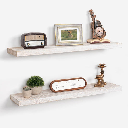 Axeman Floating Shelves for Wall - 32''W x 8'' D Rustic Solid Elm Wood Shelves for Storage, Wall Mounted Display Shelving with Invisible Heavy-Duty Metal Bracket (White Wash, 2PCs)