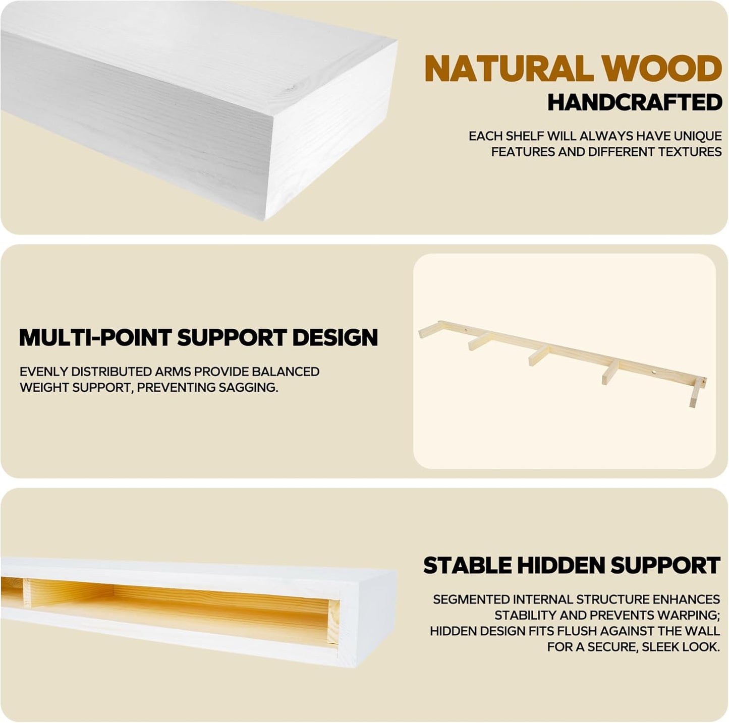 Floating Shelves 3 inch Thick for Wall Set of 2,Solid Pine Wood Wall Mount Shelf for Kitchen Living Room Bedroom Bathroom,8" D x 60" L x 3" H-White