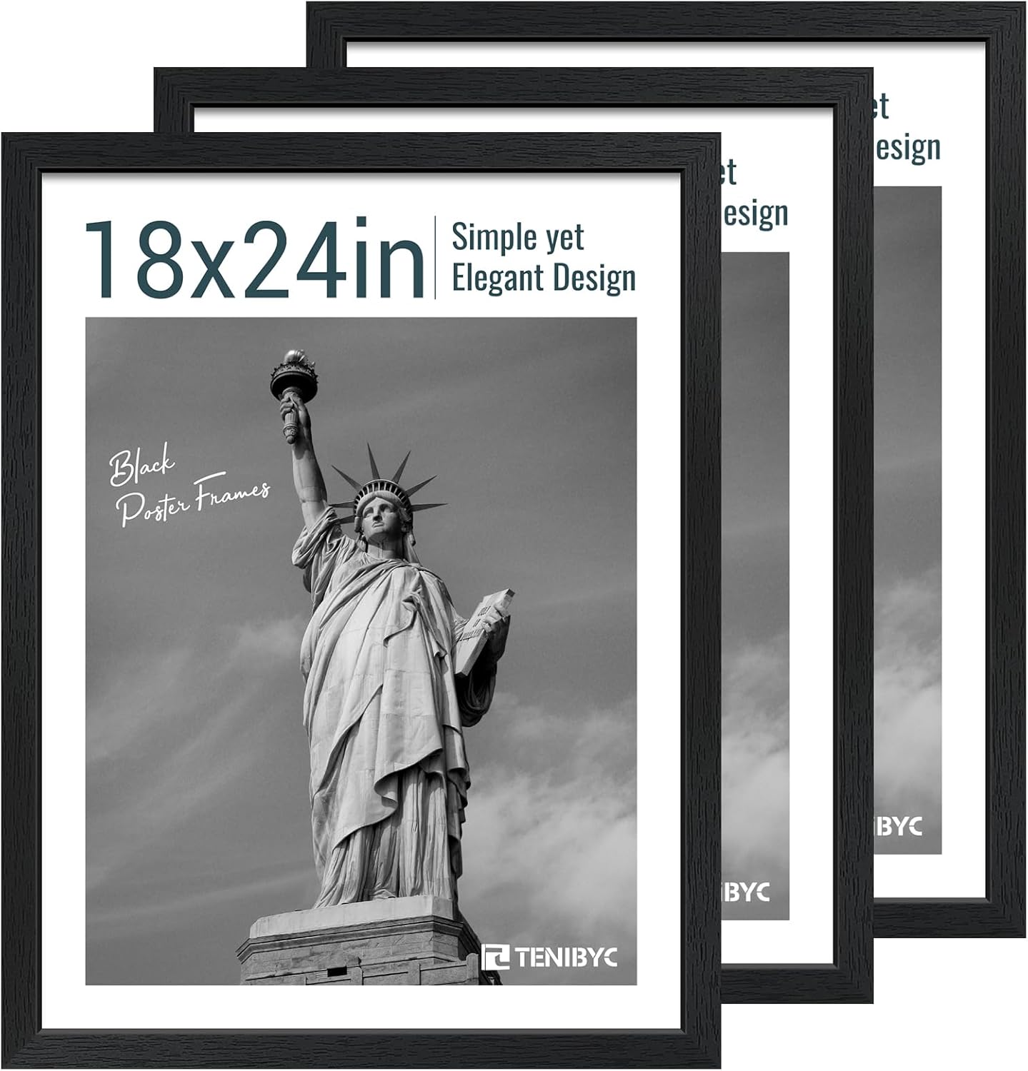 18x24 Poster Frame 3 Pack - Black Woodgrain, Solid Wood Gallery Picture Frame - Wall Hanging