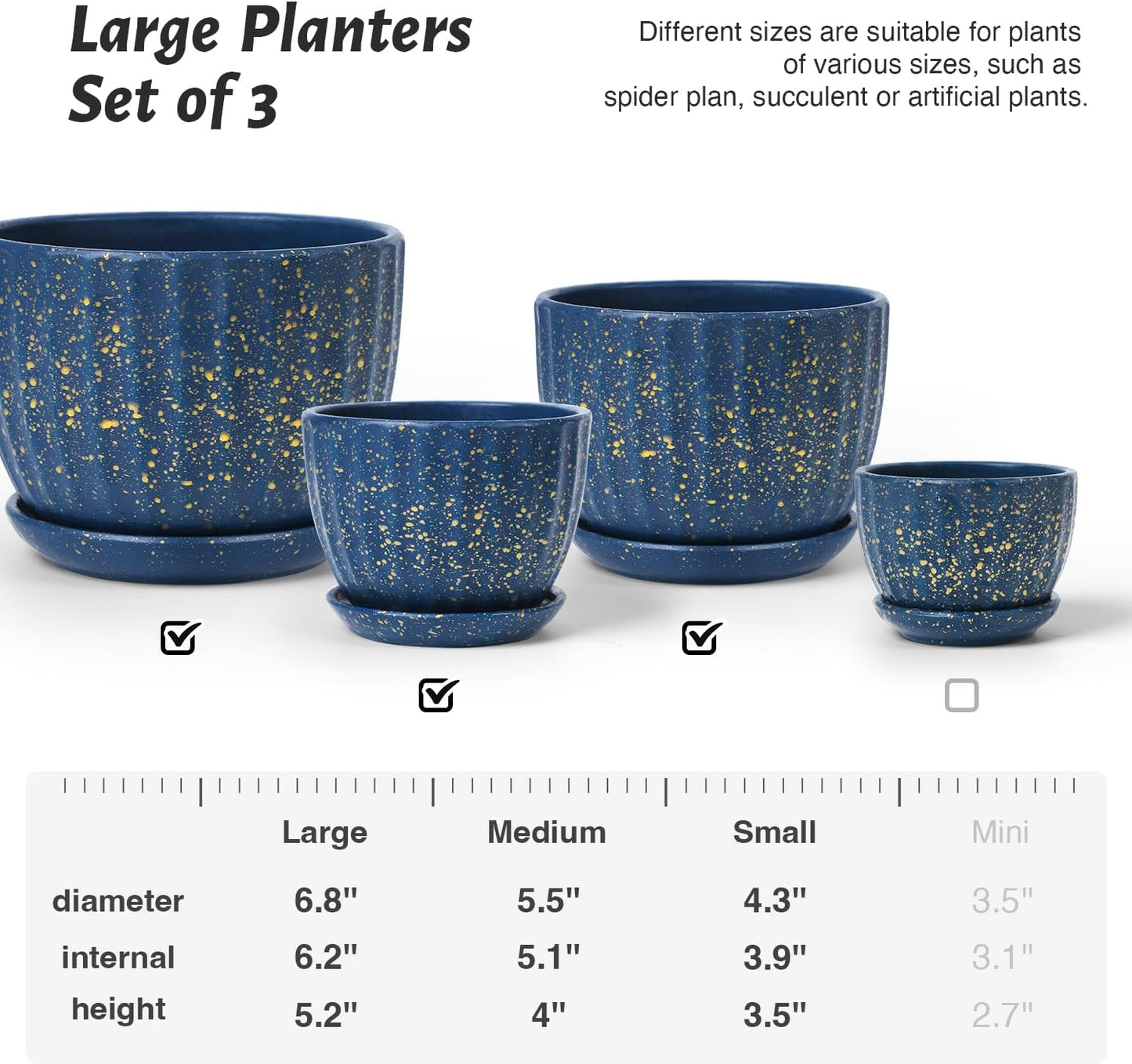 4/5/6 Inches Ceramic Plant Pots with Drainage Holes and Saucers, Round Flower Pots for Indoor Plant, Modern Flower Planters Set of 3 (Blue with Dot-Big Size)