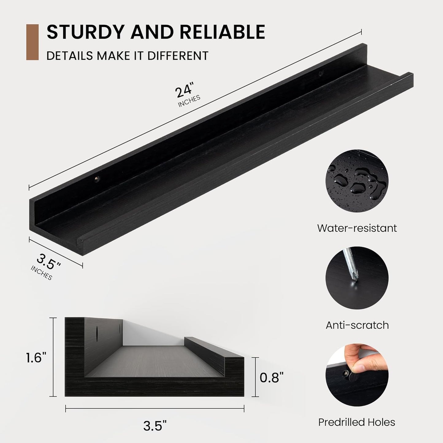 Picture Ledge Shelf, Solid Pine Wood Floating Shelves Set of 2, 24 Inches Nursery Book Shelves for Toys Storage, Kids Bookshelf Wall Mounted for Living Room Bedroom Decor Books Photo Frames, Black