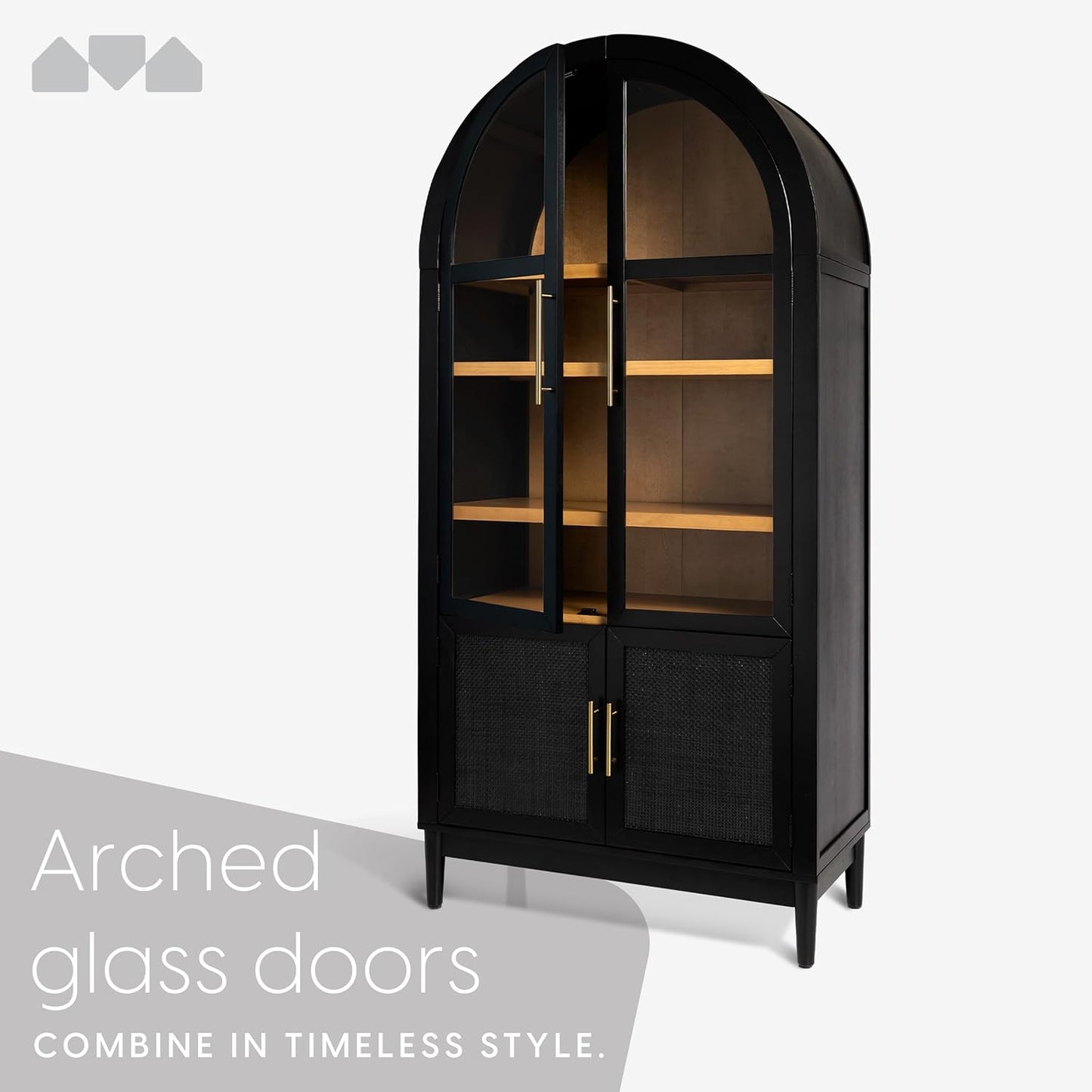 Milliard 74" Tall Arched Kitchen Pantry, Modern Storage Arched Cabinet with Adjustable Shelves and Glass Doors, Living Kitchen Dining Room Cupboard, China Hutch, Bookshelf