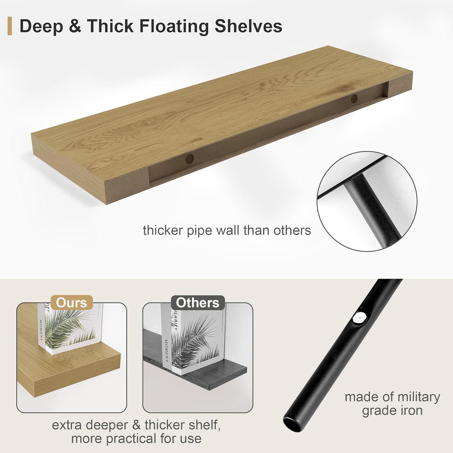 12" Deep Bathroom Floating Shelves for Wall Shelf Over Toilet Wall Mounted Farmhouse Long 55 inches Set of 1, Farmhouse Shelves with Invisible Brackets for Living Room, Kitchen, Bedroom,Oak