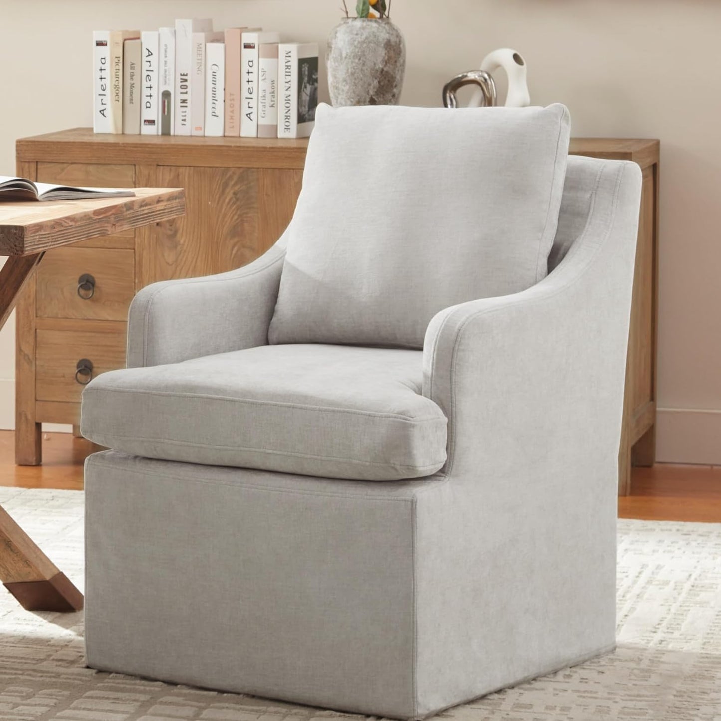 VKNOW Upholstered Dining Chairs, Modern Kitchen Chairs Dinner Chairs with 4 Casters, Linen Armchair for Bedroom Reading Room Living Room, Light Grey