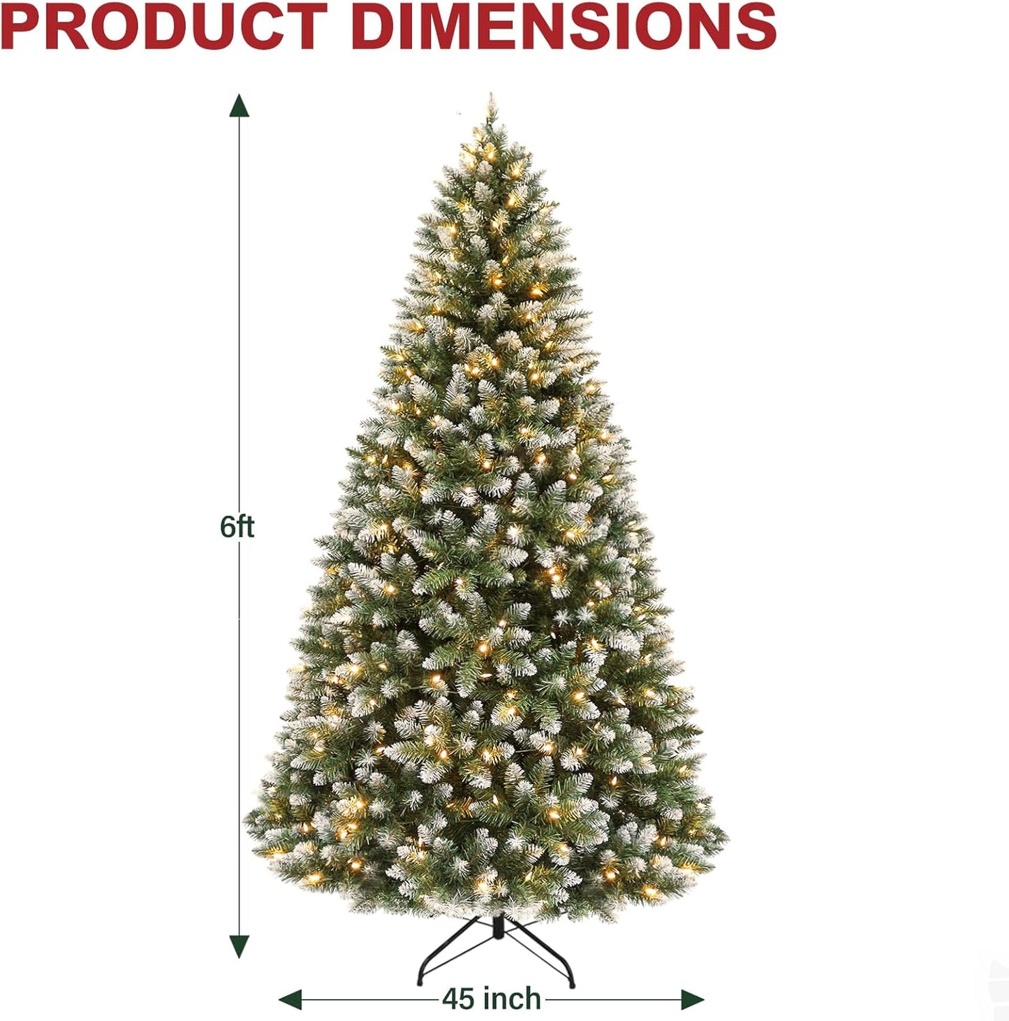 Hykolity 6 ft Prelit Christmas Tree with 250 LED Warm White Lights, Partially Snow Flocked Artificial Tree, 1032 PVC Branches, Metal Stand and Hinged Branches, Holiday Decoration for Home