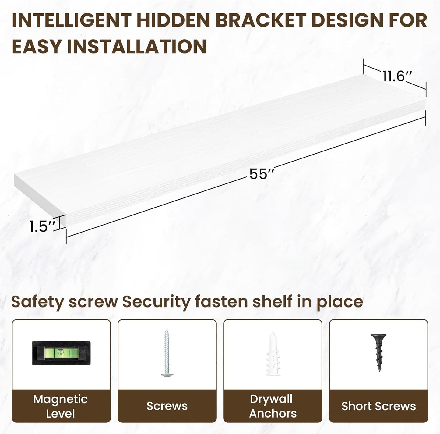 55 Inch Floating Shelves, 11.6 Inch Deep Floating Shelves for Wall, Floating Shelf with Invisible Brackets, Deep Shelves for Bathroom, Bedroom, Living Room, 1 Pack, White