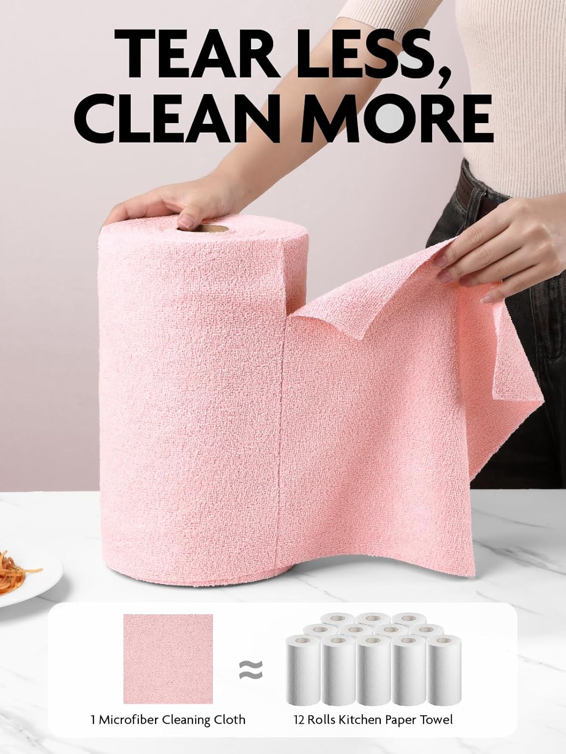 Fantasticlean Microfiber Cleaning Cloth Roll -150 Sheets, Tear Away Microfiber Towels, 12" x 12", Reusable Washable, Ultra Absorbent Dish Rags for Car, Home, Garage or Shop (Pink and Grey)