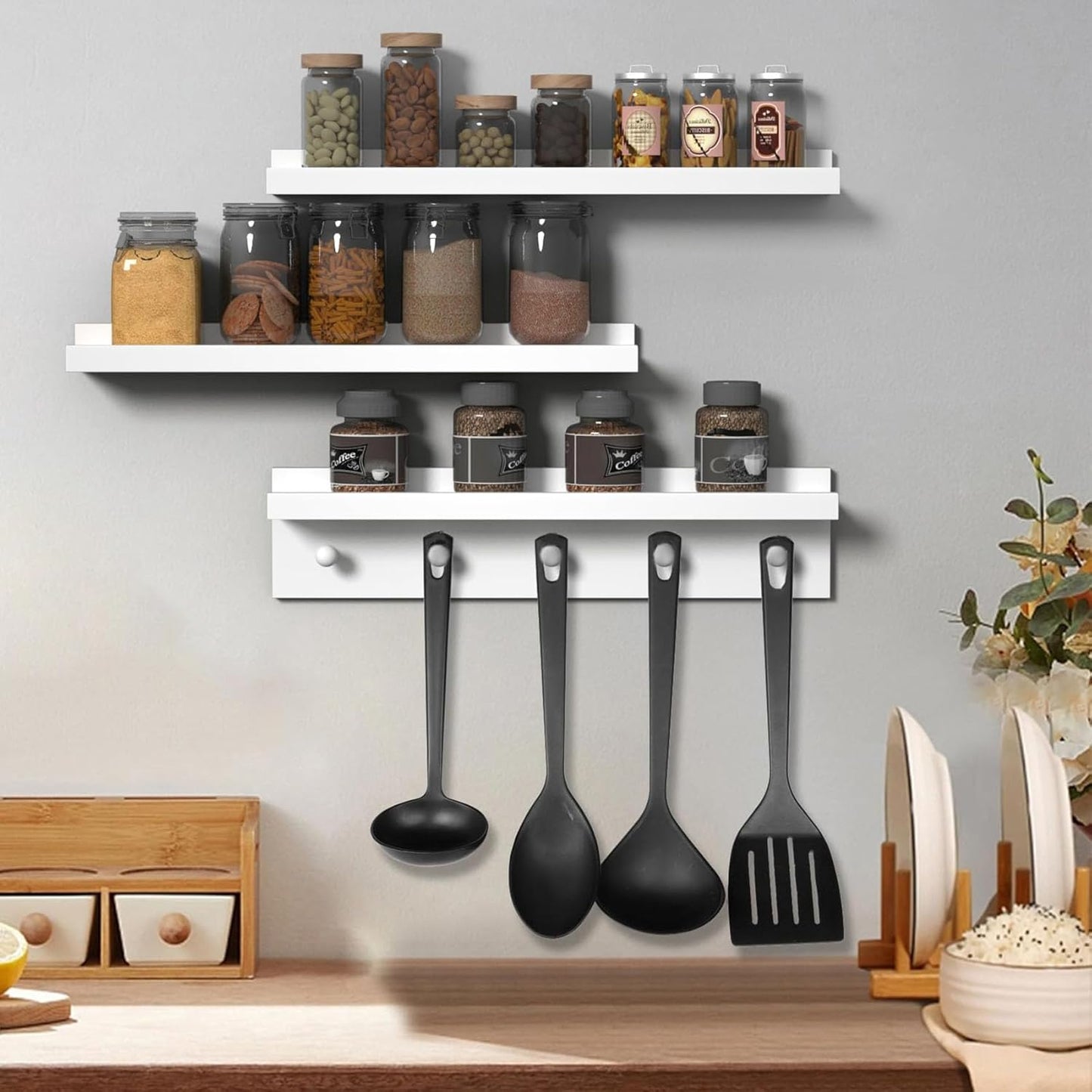 MBYD Picture Shelf Ledge, 24 Inch Floating Shelves for Wall, Nursery Book Shelves with Hooks Set of 3, Floating Shelf Wall Mounted for Bathroom,Kids Room, Living Room, Kitchen Bedroom White