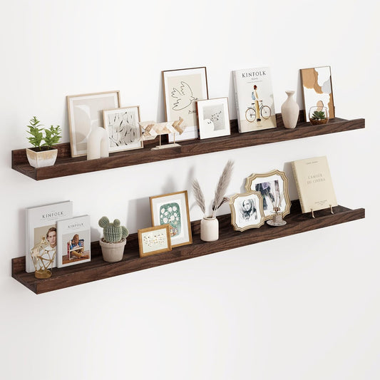 Floating Picture Ledge Shelves 48 Inch Solid Oak Wood Set of 2, Rustic Wall Storage Shelves with Lip, Kids Bookshelf, Photo & Picture Ledge Shelves for Bedroom, Living Room, Kitchen