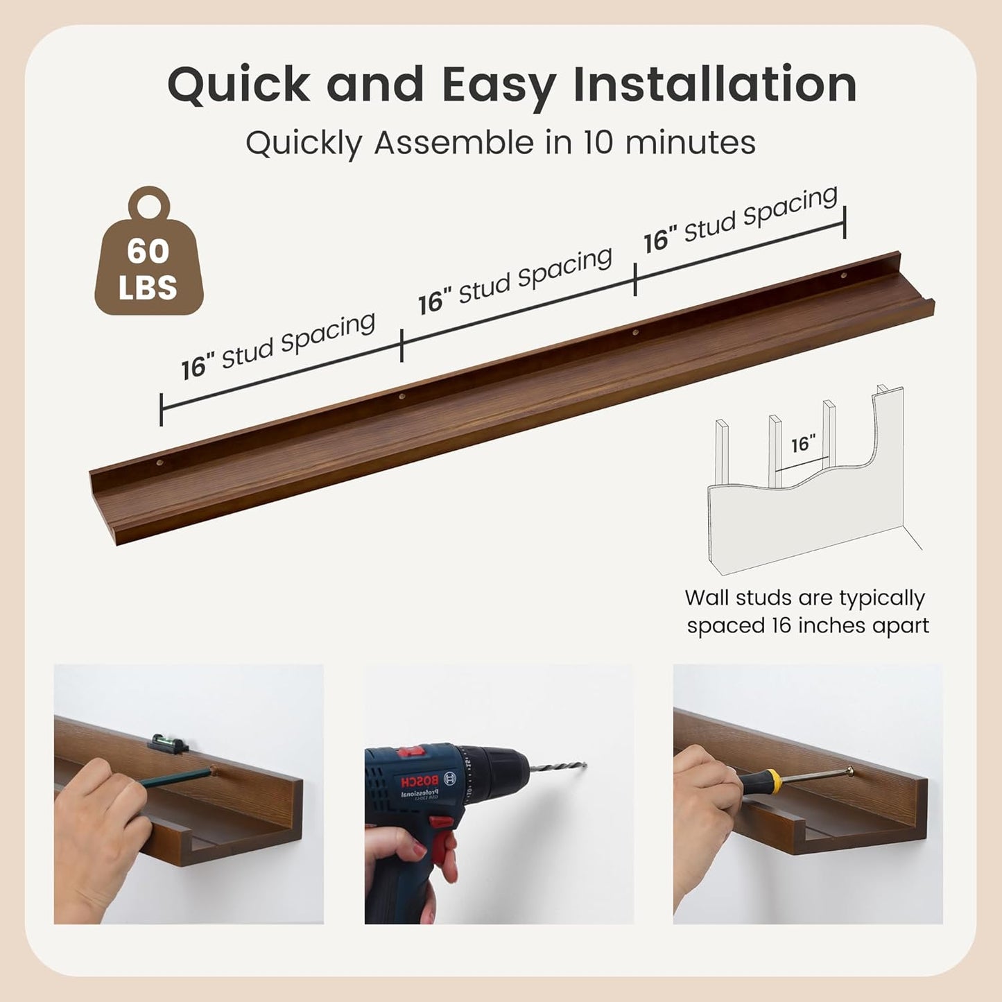 Picture Ledge Shelf, Floating Shelves Set of 2, Solid Pine Wood 55'' Long Large Nursery Book Shelves for Toys Storage, Kids Bookshelf for Living Room Bedroom Decor Books Photo Frames, Walnut