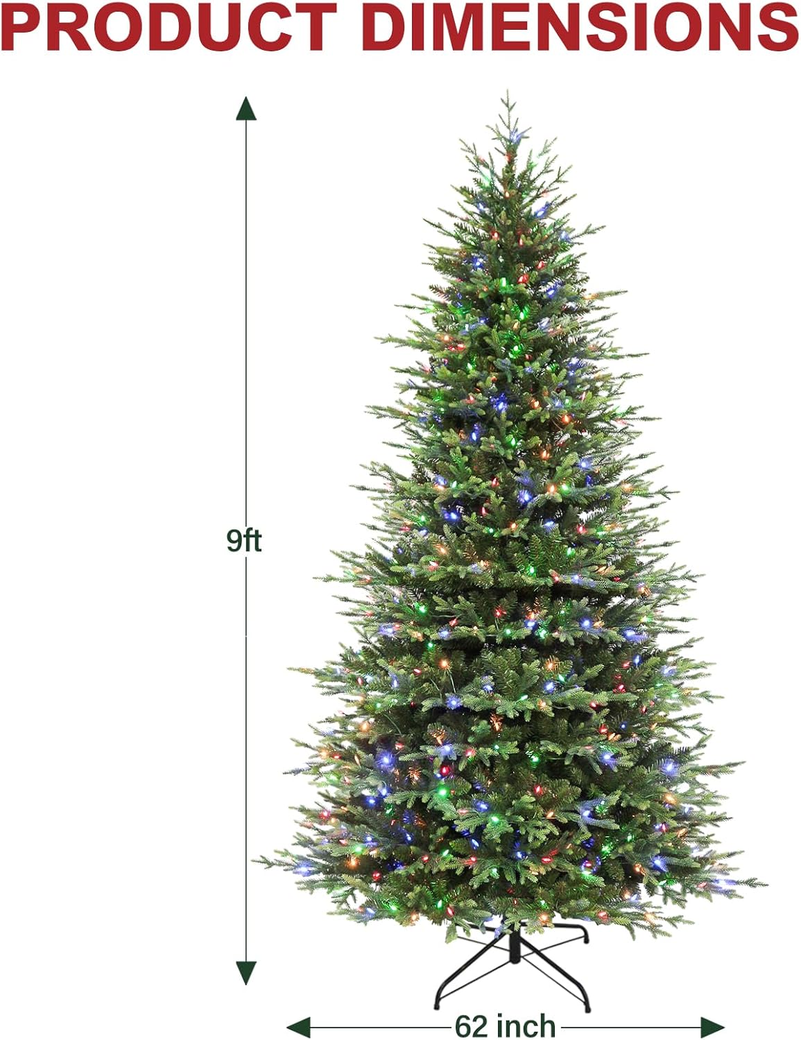 Hykolity 9 ft Prelit Christmas Tree, 5149 PE&PVC Branch Tips, Frasier Grande Artificial Christmas Tree with 600 Color Changing Twinkling LED Lights, Metal Stand and Hinged Branches, 10 Modes