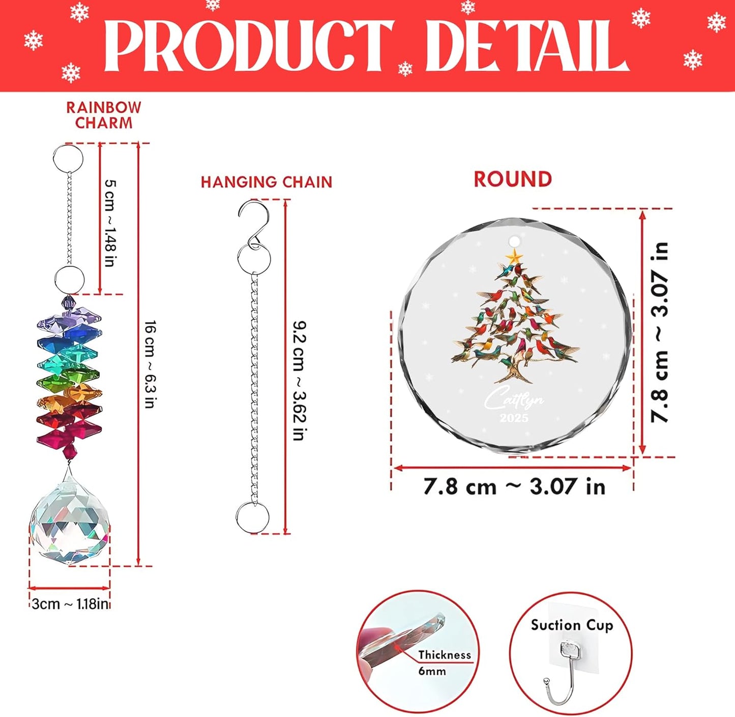 Personalized Christmas Ornament – Custom Holiday Tree Design with Birds – Custom Name 2025 – Glass Christmas Tree Ornament with Suncatcher