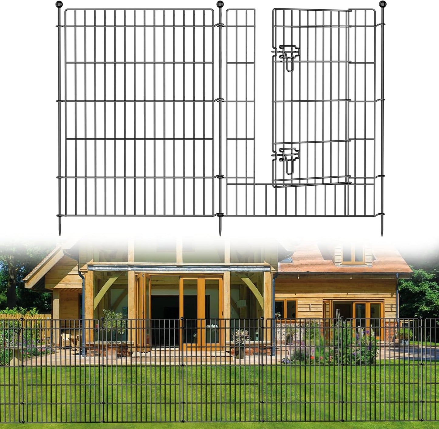 10 Panels No Dig Garden Fence with Gate, 44in(H) × 23.6ft(L) Decorative Metal Outdoor Dog Fence, Rustproof Pet Fencing for Yard, Patio, Flower Bed -Temporary Fencing| Easy to Install