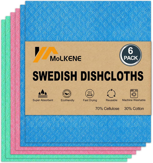 Swedish Dishcloths, Reusable Soft Kitchen Towels, Absorbent Sponge Cleaning Cloths, Washable Quick Drying, 6 Pack, Assorted