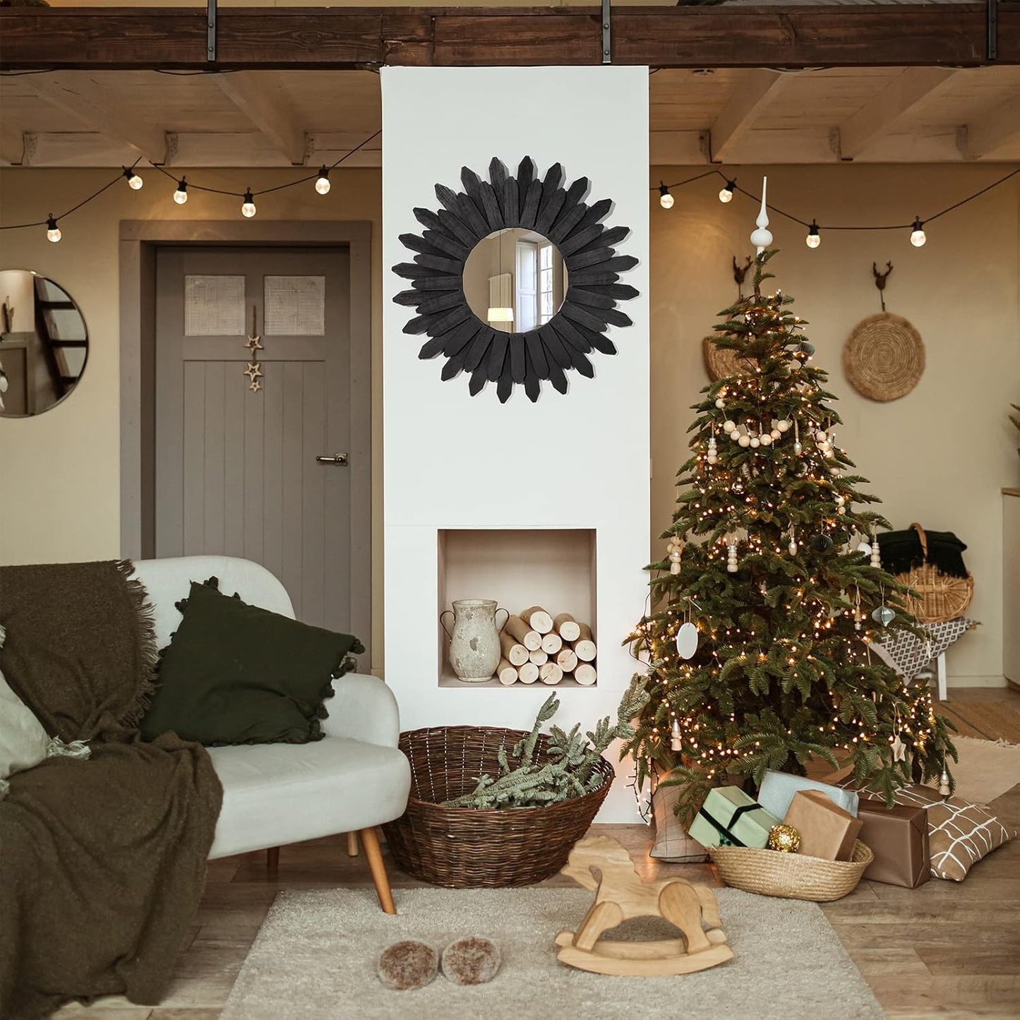 Honiway 21 inch Black Wall Decor Vintage Mirror, Boho Style, Wooden Frame, Easy to Hang, Ideal Gift