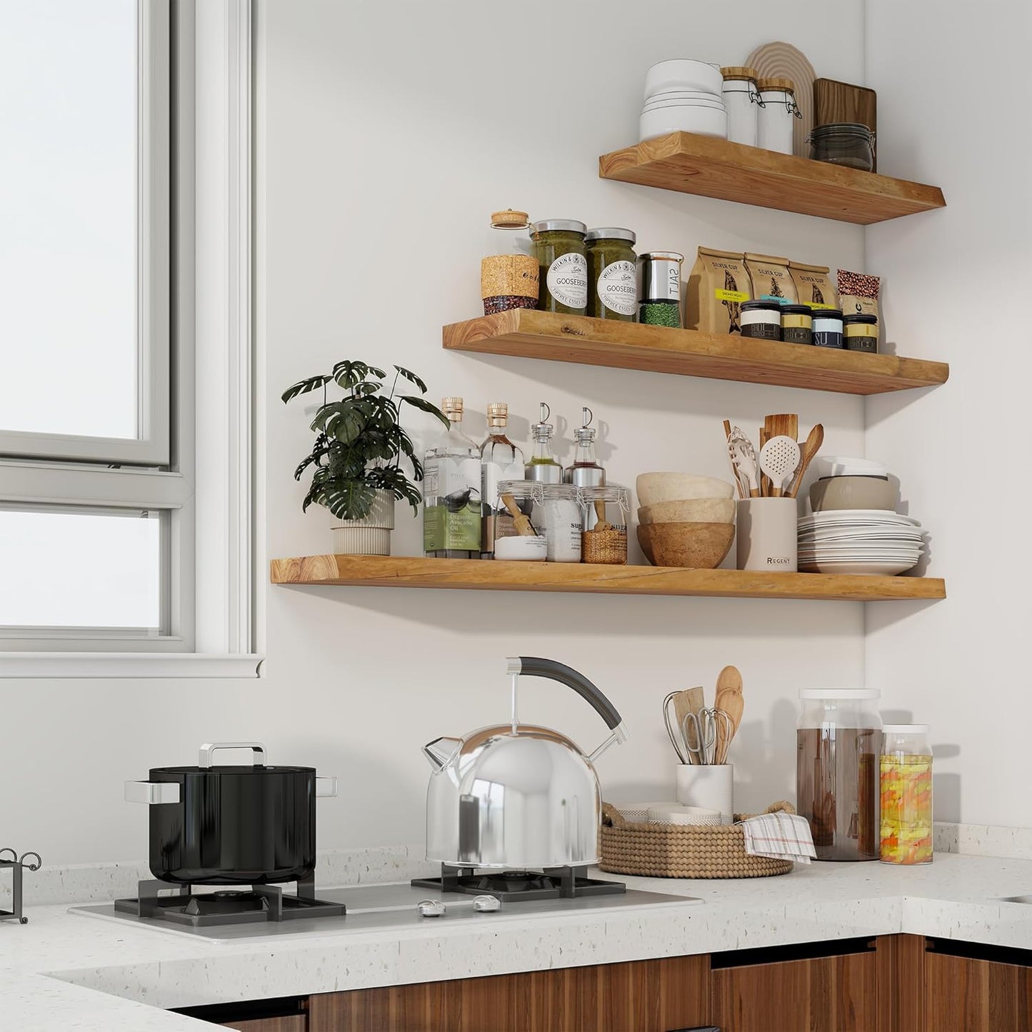 Axeman 48 inch Floating Shelves for Wall - 8'' D Live Edge Rustic Solid Elm Wood Floating Shelves Wall Mounted, Hanging Shelves with Invisible Bracket for Living Room Bedroom Kitchen, Natural