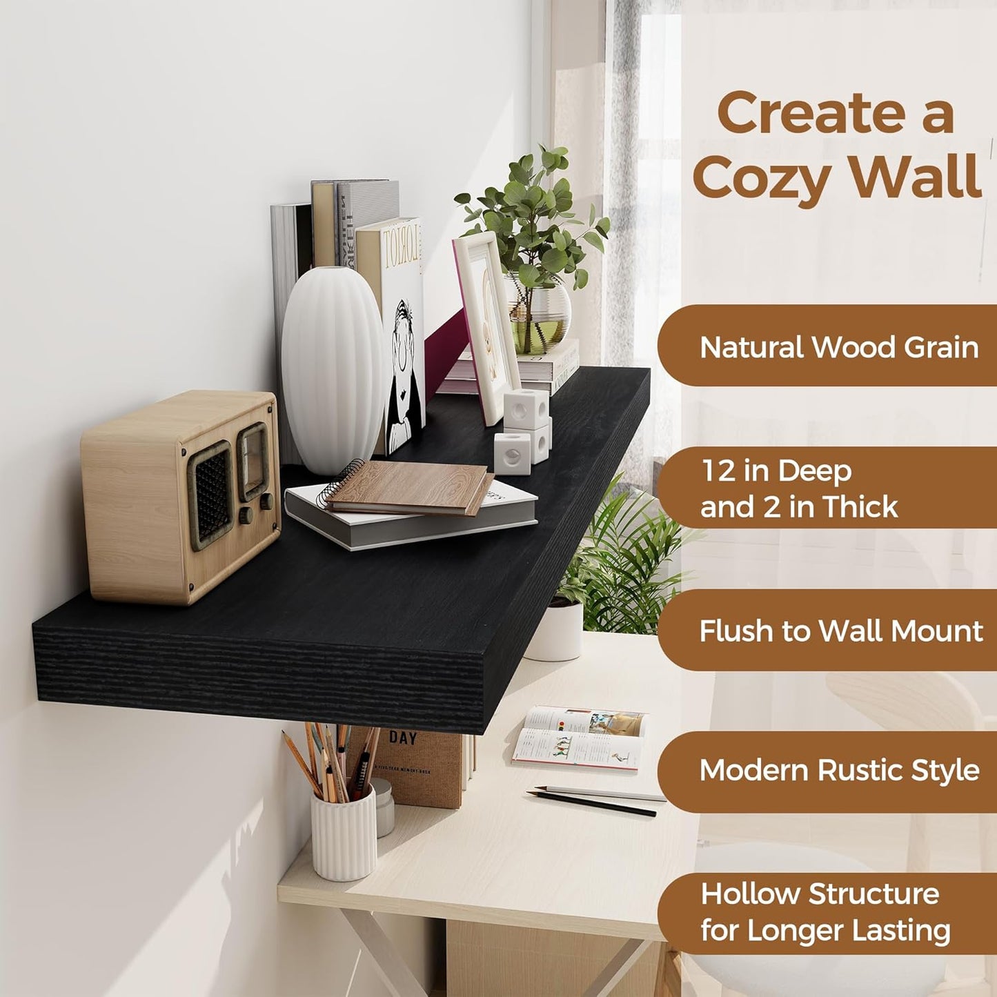 Black Floating Shelves 48 Inch Long, 12 Inch Deep Floating Shelves for Wall, 48 x 12 Large Wall Shelves for Home Storage & Display, 2" Thicked Floating Shelf for Bedroom, Living Room, 1 Pack