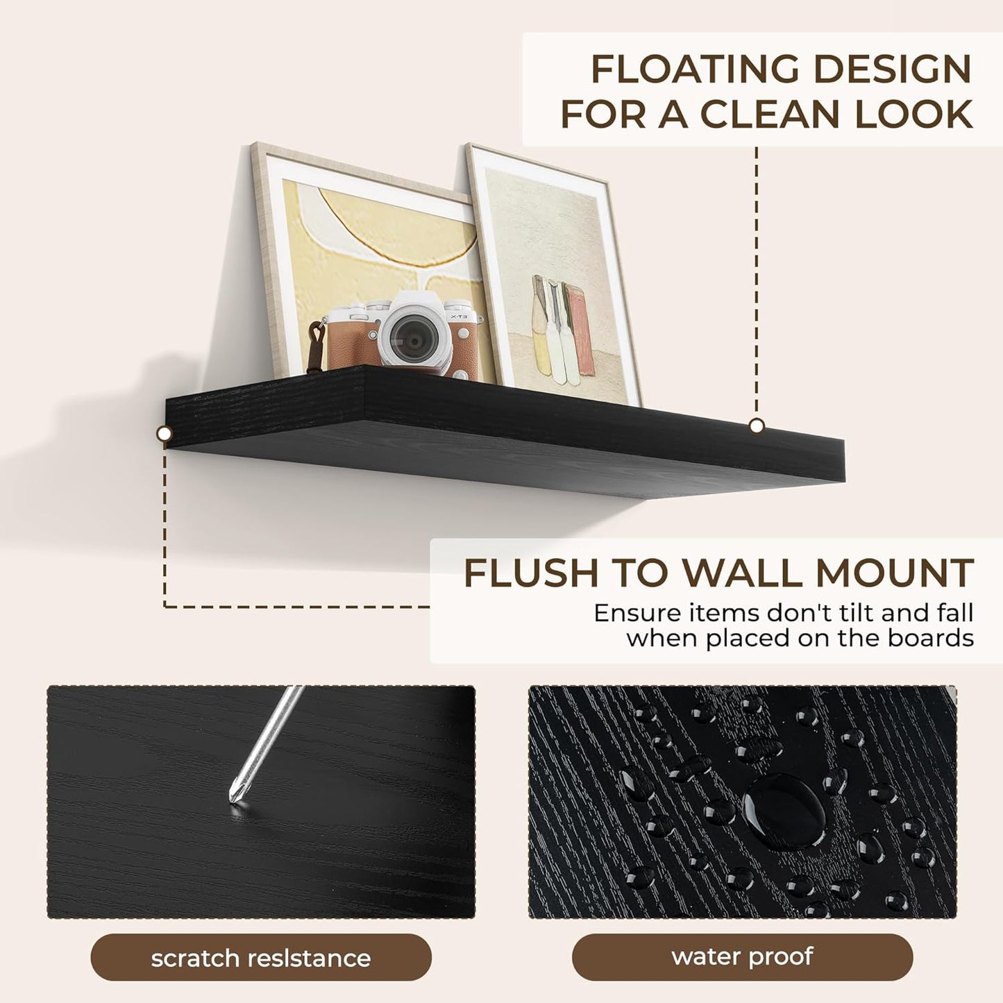 RICHFOCUS 31.5Inch Floating Shelves for Wall 2 Pack Shelves for Bedroom|Kitchen|Bathroom Wall Mounted Rustic Wood Floating Shelf with Invisible Brackets for Books|Storage|Decor, Black