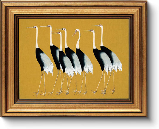 HUARCEY Gold Framed Vintage Wall Art for Living Room, Animals Painting Prints Shelf Decor for Kitchen, Aesthetic Bedroom Wall Art Decor, Christmas Gifts for Friends or Family (Seven Cranes - 8"x10")