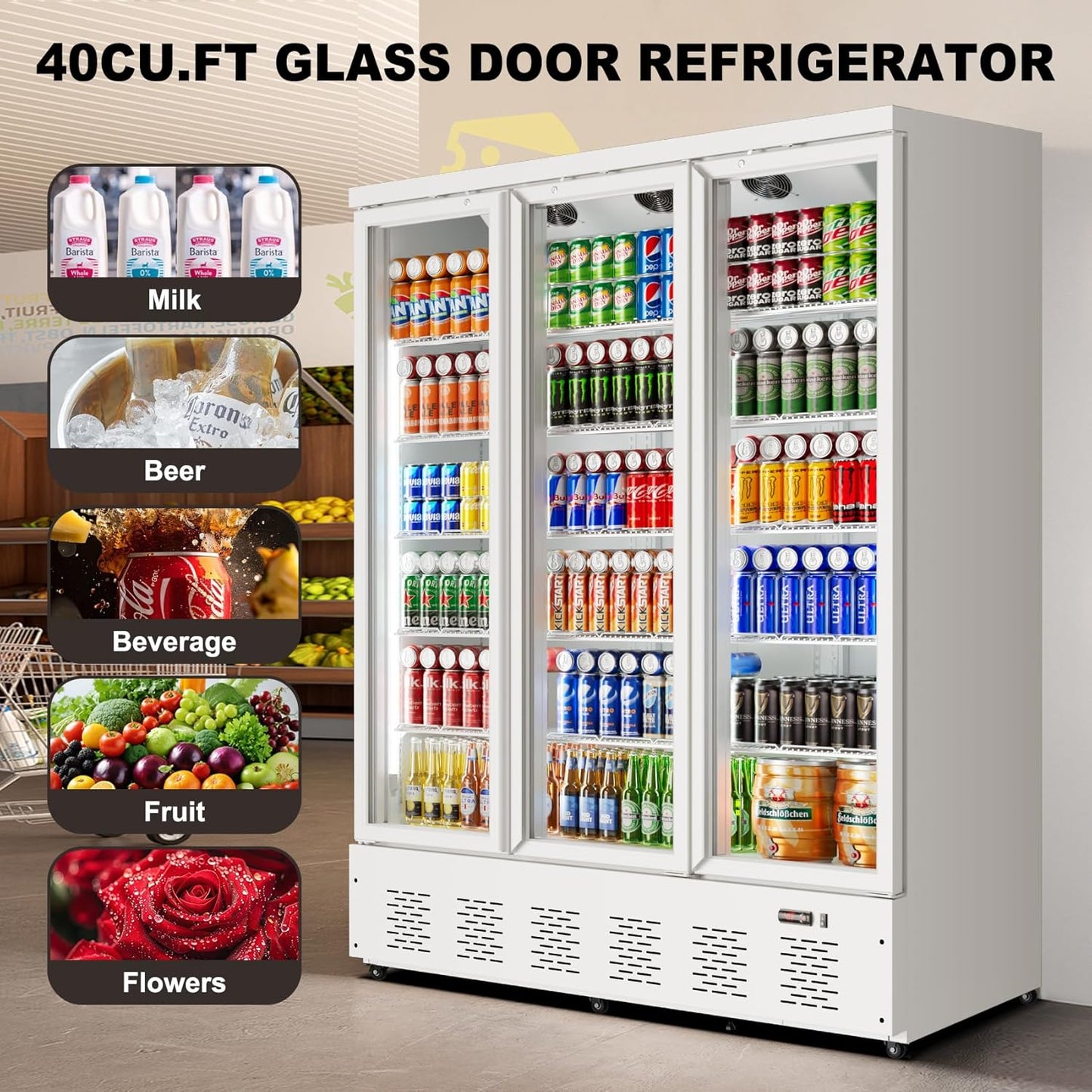 40.5 Cu.ft. Commercial Refrigerators 3 Glass Door Beverage Refrigerators Commercial Fridge Upright Cooler with Soft LED Light and 15 Adjustable Shelves for Restaurant Grocery Stores Home