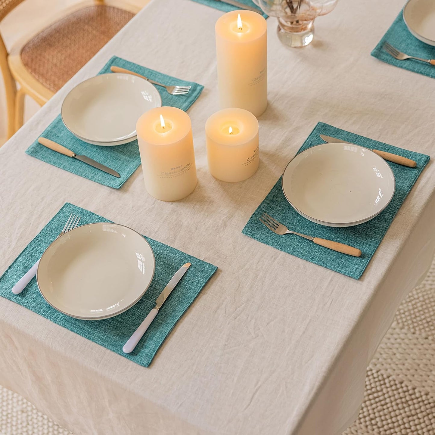 Home Brilliant Linen Placemats Set of 6 Heat Resistant Dining Table Place Mats for Kitchen Table, 13 x 19 inches, Peacock