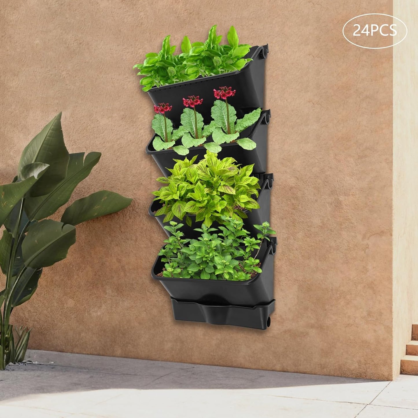 24Pack Vertical Wall Planter, 13 inch Wall Mounted Garden Planters, Stackable Wall Hanging Planter, Plastic Flower Pot with 4 Drainage Tray & 6.56FT Drainage Pipe for Indoor and Outdoor (Black)
